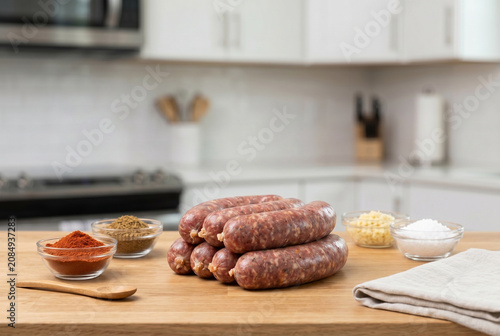 Homemade Sucuk Sausages with Spices on Kitchen Counter