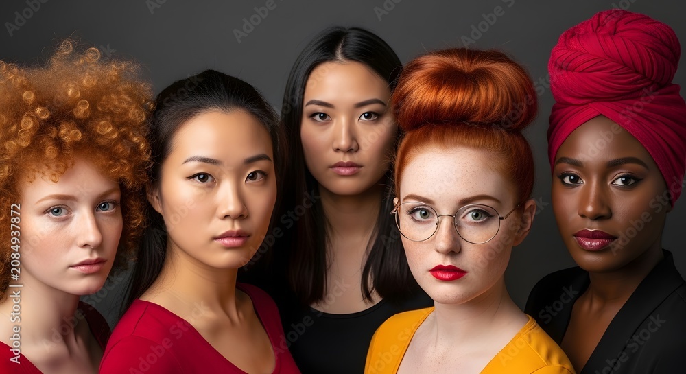 Obraz premium Portrait of Diverse Women with Vibrant Hair Colors and Makeup in Studio Close Up