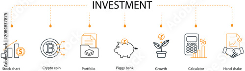 Investment banner combining stock chart, crypto coin, portfolio, growth tree, calculator, handshake, and piggy bank icons, symbolizing finance, strategy, and modern business economy
