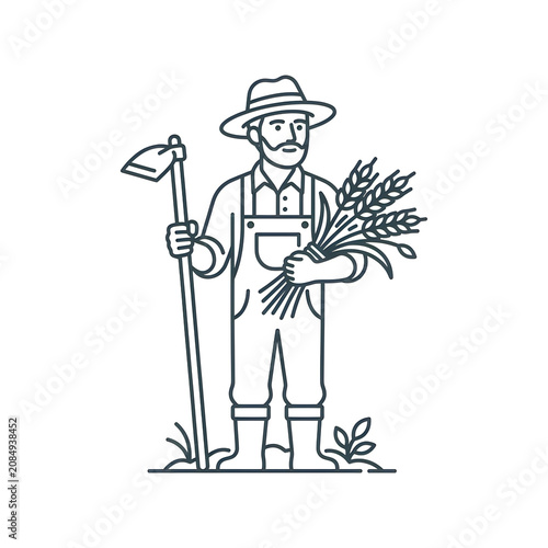 Farmer holding wheat and holding a hoe