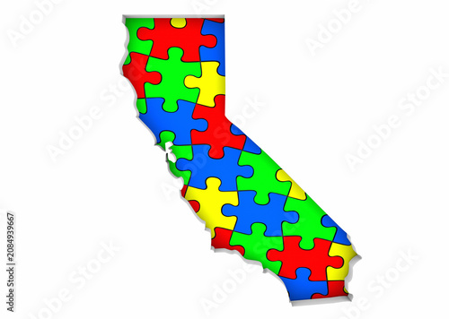 California CA State Map Autism Puzzle Pieces Awareness Autistic Symbol Spectrum 3d Illustration