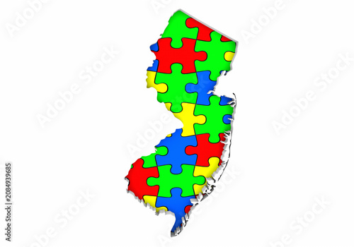 New Jersey NJ State Map Autism Puzzle Pieces Awareness Autistic Symbol Spectrum 3d Illustration