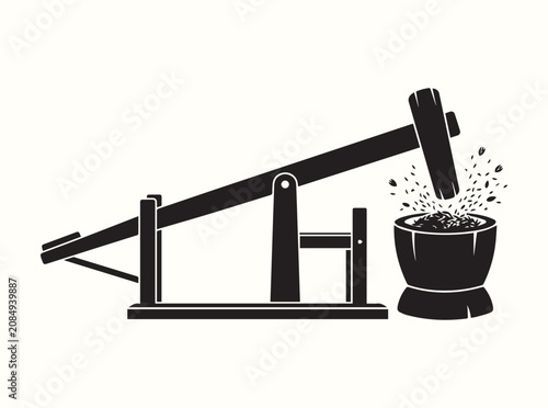 Classic agricultural milling tool silhouette with pestle falling into mortar