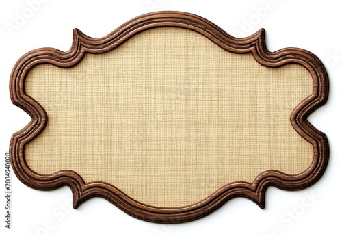 Ornate wooden-framed nameplate with textured fabric background on white