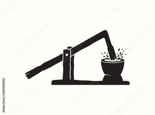 Minimalist black graphic of a rustic dhenki showing flying grain husks