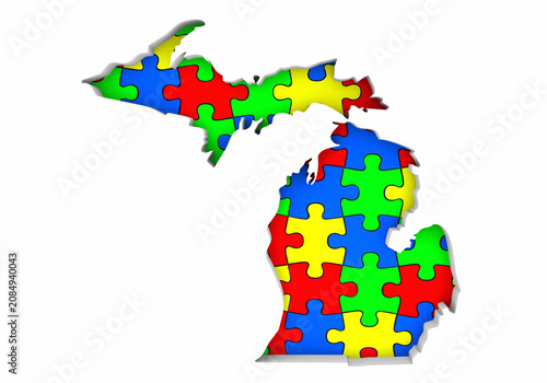 Michigan MI State Map Autism Puzzle Pieces Awareness Autistic Symbol Spectrum 3d Illustration
