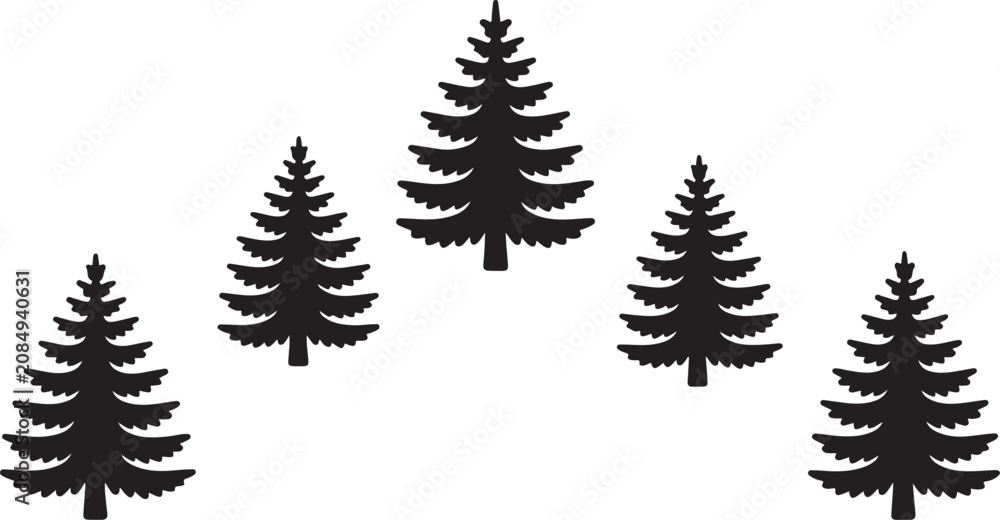 Obraz premium Black silhouettes of pine trees on white background forest landscape elements