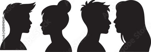 Four black silhouettes of people looking sideways in profile  isolated on white background