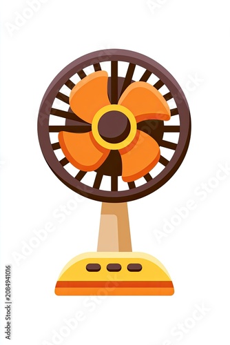 Retro-style desk fan with orange blades and a yellow base