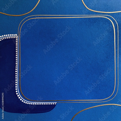 Textured deep blue background with rounded corner frame and ornate embellishments