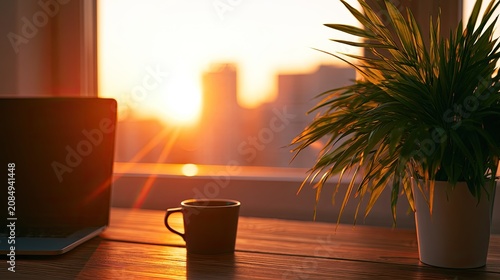 Laptop, coffee, and plant by window at sunset