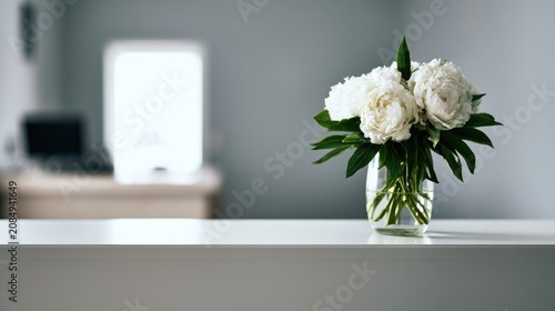White flowers in a clear vase on a modern white counter