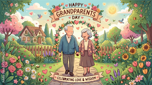 Happy Grandparents Day, elderly couple, garden scene, colorful illustration, love and wisdom