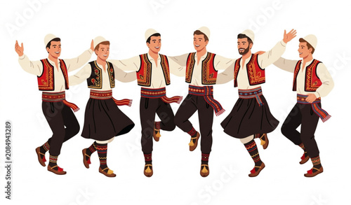 Foto ​Group of Albanian men dancing folk dance in traditional costumes vector illustr