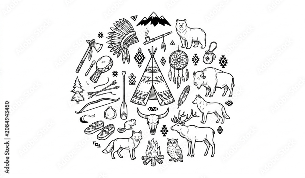 Fototapeta premium Native American culture and wild animals circle design vector illustration