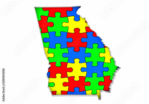 Georgia GA State Map Autism Puzzle Pieces Awareness Autistic Symbol Spectrum 3d Illustration.jpg