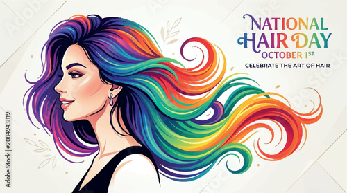 National Hair Day, colorful hair, rainbow hairstyle, woman with multicolored locks, October 1st celebration