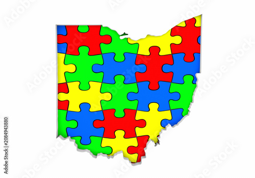 Ohio OH State Map Autism Puzzle Pieces Awareness Autistic Symbol Spectrum 3d Illustration