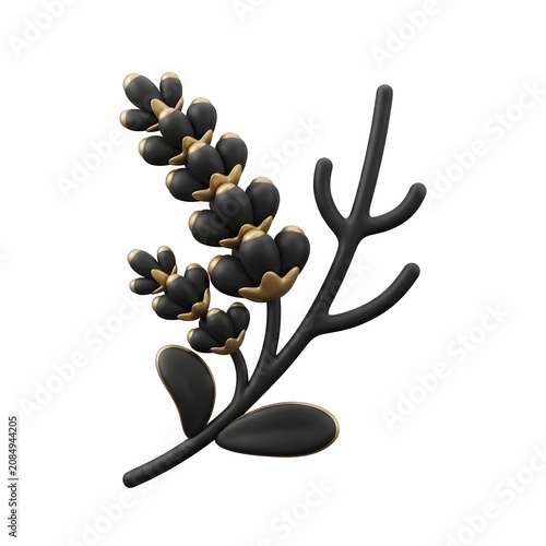 Elegant 3D Black and Gold Lavender Branch Isolated on White Background
