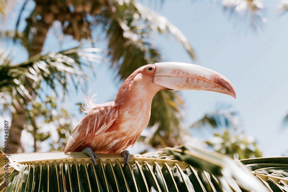 Fototapeta premium Pink toucan perched on a tropical palm leaf under bright sunlight, showing detailed feathers and a large beak for exotic wildlife and nature themes