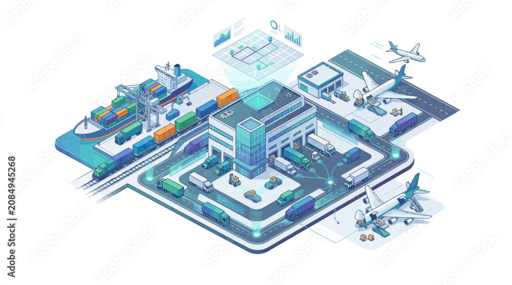 Fototapeta premium Isometric Smart City Logistics and Transportation Network.