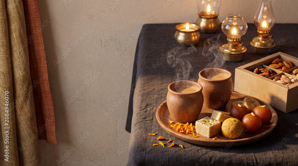 Fototapeta premium Festive tea and Indian sweets still life with oil lamps and copy space
