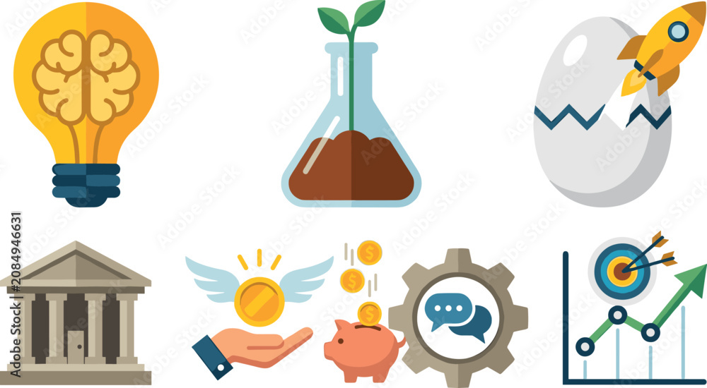 Obraz premium Set of colorful flat business and startup icons with light bulb, brain, plant, rocket, bank, money, gear and growth chart design