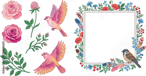 Decorative floral frame with pink roses and small flying birds for wedding invitation card design and spring season celebration