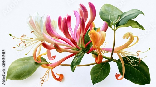 Beautiful Japanese Honeysuckle Lonicera Japonica Flower on White Background