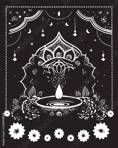 Ethereal, mystical, bohemian design element, white ornate pattern on black background, decorative floral motifs, spiritual symbol