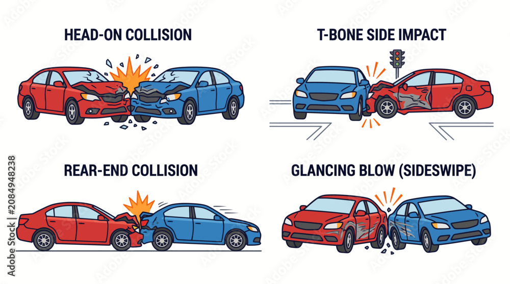 Fototapeta premium Illustration showing four different types of car accidents including head on and rear end collisions.