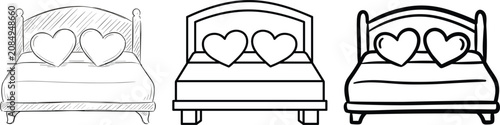 Quadro su tela Hand drawn double bed with heart pillows vector icon set for wedding honeymoon a
