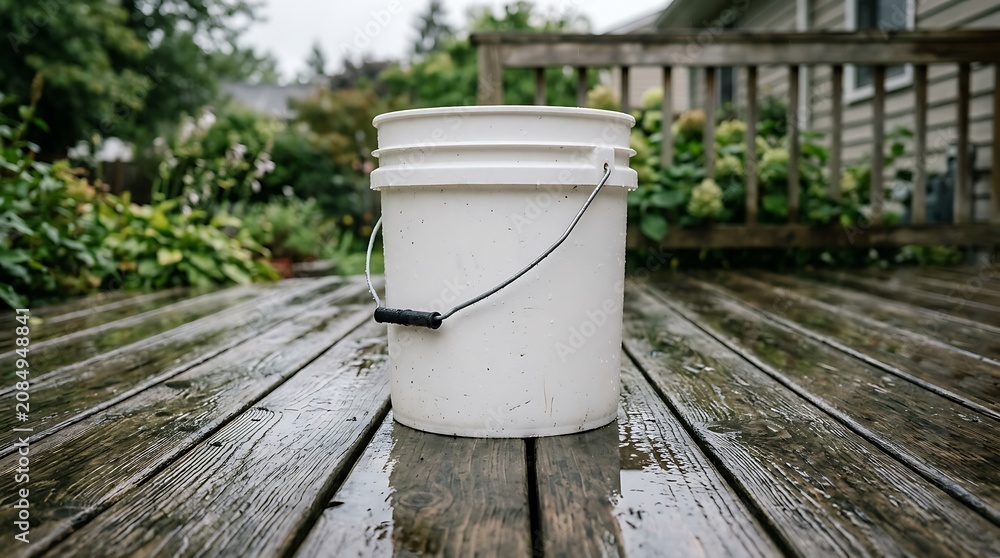 Fototapeta premium Empty white plastic bucket with metal handle sitting on a wet wooden deck in a garden. 5 gallon bucket