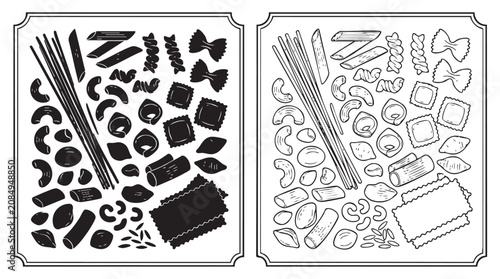 Bild auf Leinwand pasta shapes black vector bundle icon set featuring food