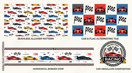 Racing car pattern set with checkered flags and border strips.