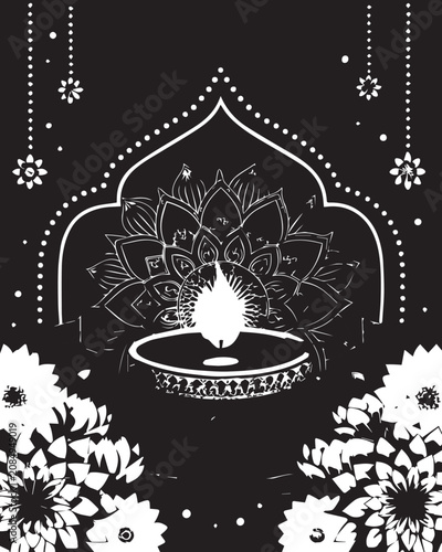 Diwali, Indian festival, black background, white line art, decorative lamp, floral patterns, vector illustration