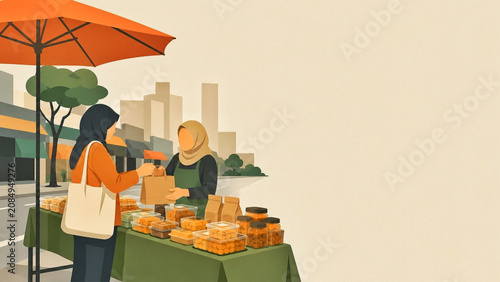 Blurry roadside food vendor packing items at a folding table while a customer in a dark headscarf stands nearby on an urban sidewalk, with buildings, signs, and a blurred street behind.