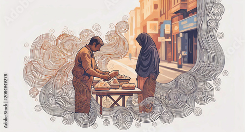 Blurry roadside food vendor packing items at a folding table while a customer in a dark headscarf stands nearby on an urban sidewalk, with buildings, signs, and a blurred street behind.