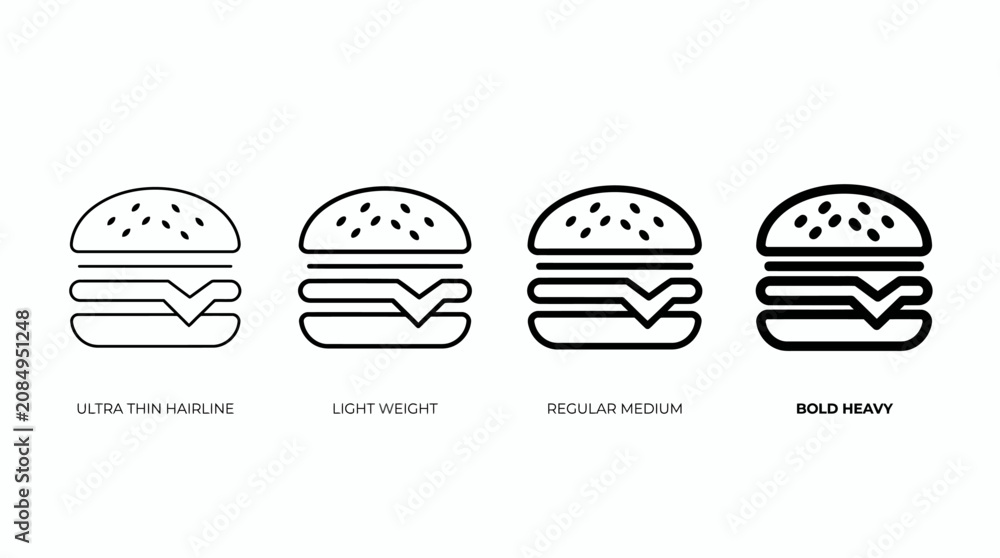 Fototapeta premium Set of burger line icons with varying stroke weights.