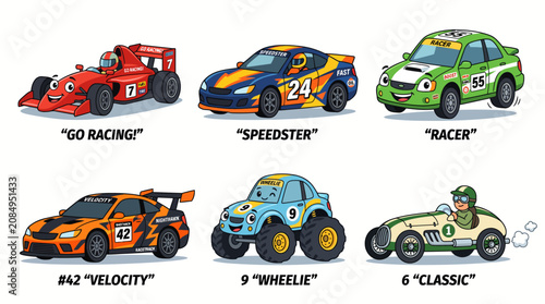 Set of cartoon racing cars with funny expressions and names.