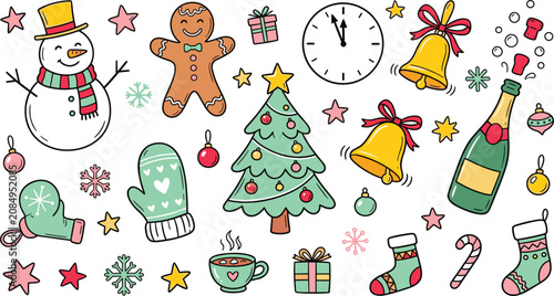Christmas Holiday Icon Collection Featuring Snowman, Gingerbread Cookie, Christmas Tree, Bells, Champagne, Clock, Stockings, and Festive Winter Celebration Elements