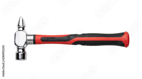 Professional ball-peen hammer with red rubber grip, chrome steel metalwork tool, industrial hand hammer for metal fabrication and repair