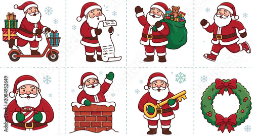 Christmas Santa Claus Icon Collection Featuring Gift Delivery, Chimney, Wreath, Snowman, Sack of Presents, and Festive Holiday Characters