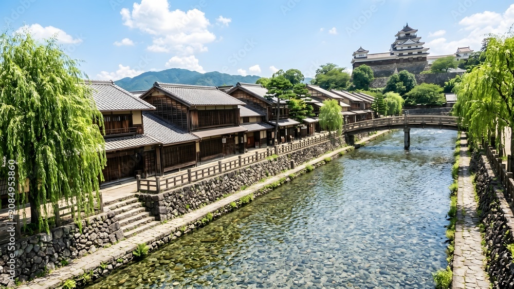 Fototapeta premium Horizontal View of a Traditional Bridge Over a River in a Historic Castle Town
