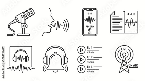 Set of Podcast and Audio Broadcasting Line Icons.