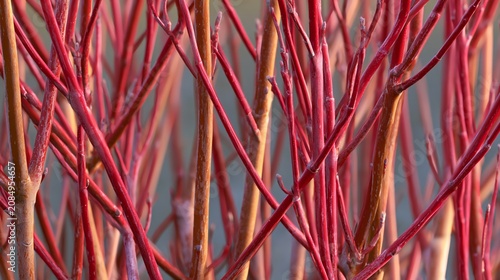 Vibrant Red Stems of Siberian Dogwood Shrub in Spring
