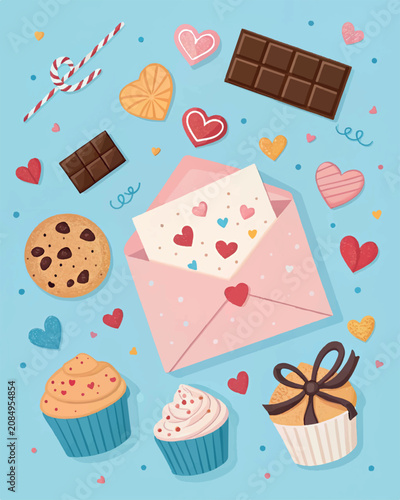 Valentine's Day sweets, colorful hearts, love treats, dessert icons