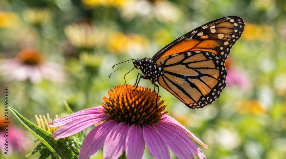 Fototapeta premium Monarch butterfly resting on a pink zinnia flower.