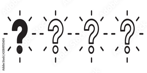 Set of abstract question mark icons with dashed line design elements for problem solving and FAQ help support concepts.