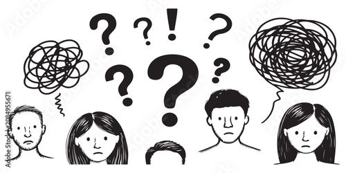 Puzzled people with question marks and tangled thoughts icons representing mental health confusion and decisions.